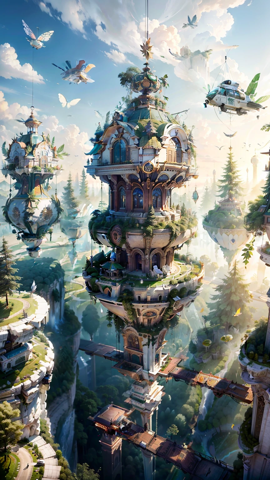 tmasterpiece，best qualtiy，highest  quality，ultra - detailed，Best resolution，8K，CG，illustration，realisticlying，aerial perspective，Suspended surreal technical building，Below is a leafy forest，Various vehicles that can be suspended，Micro flying machine