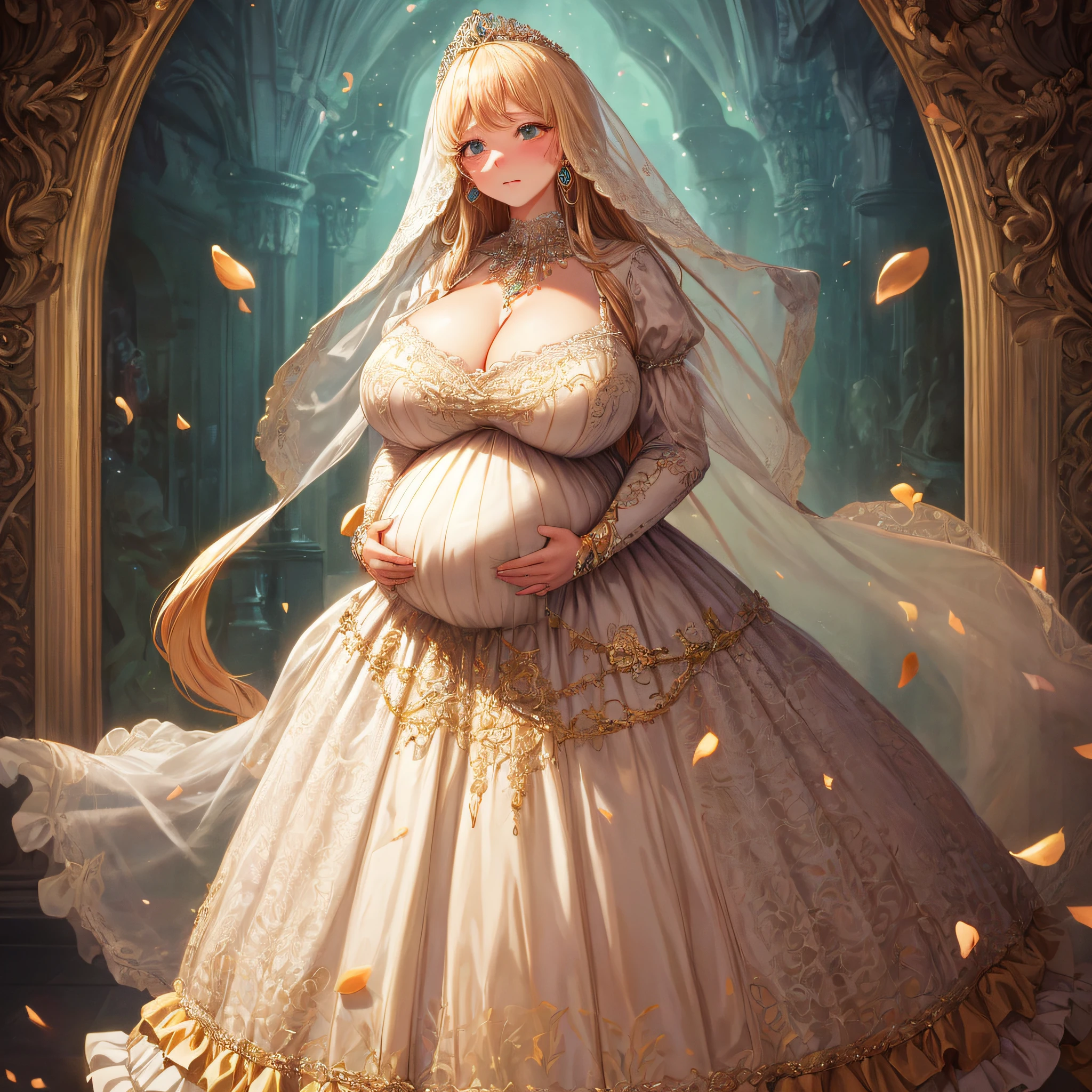 (masterpiece, best quality,extremely detailed:1.1),(moe anime art style:1.2),1girl,((full body,focus face)),((solo)), cute, kawaii,digital art,((1 bling-bling pregnant princess wearing beautiful embroidery and jeweled gorgeous rococo ballgown with jeweled voluminous full length hoop skirt)),(((heavily pregnant))),very big pregnant belly,((crinoline)),long train,voluminous frills,See-through,(gorgeous embroidery and beautiful lace),((very gigantic boobs,skindentation)),cleavage,shiny hair,(((very long hair,very long straight hair))),((embarrassed)),anguish,((finely detailed face and eyes)),clear pupil,extremely gorgeousfull hair ornament,(bling-bling jeweled extremely gorgeousfull tiara),(bling-bling gorgeous gemstone jewelry),long veil,(beautiful background),fantasy background,flowers,flower petals flowing,full body,((beautiful embroidery and jeweled ruffled gorgeous rococo ballgown with voluminous full length hoop skirt))