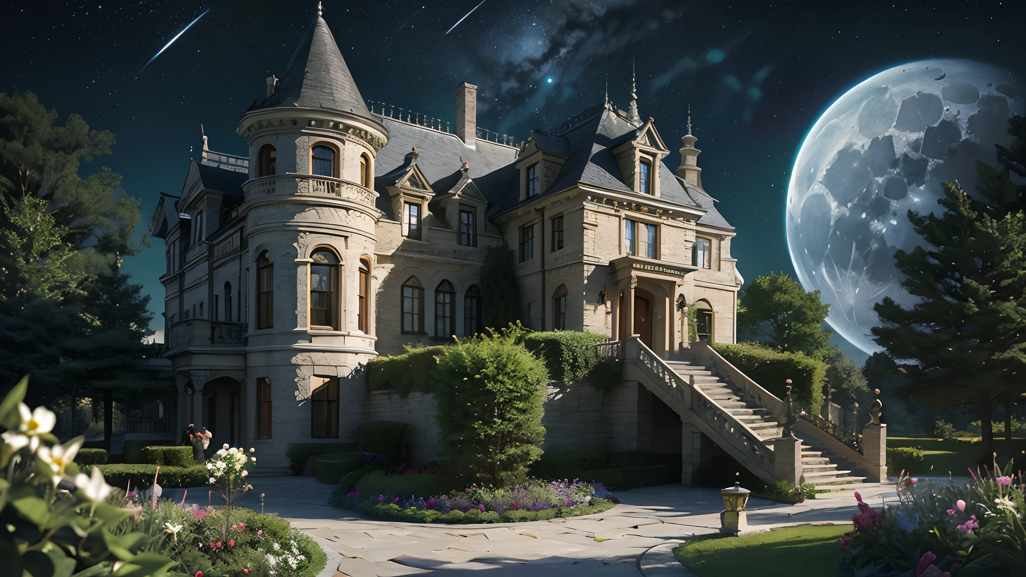 (Photo-realism), (Best quality, masterpiece, full of details), mansion with two towers, many trees, Colorful garden, flower pots, old mansion, white stone path, green grass, dark night, stars, moonlight, brown brick mansion, ultra HD