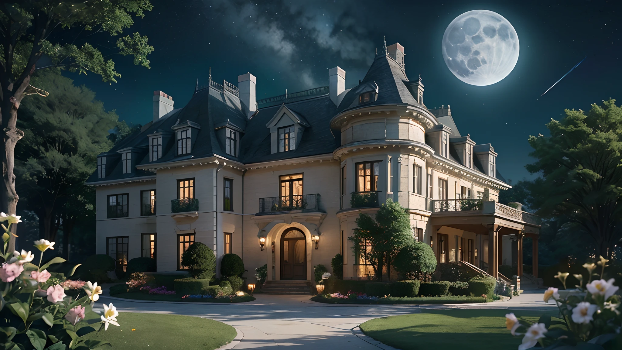 (Photo-realism), (Best quality, masterpiece, full of details), mansion with two towers, many trees, Colorful garden, flower pots, old mansion, white stone path, green grass, dark night, stars, moonlight, brown brick mansion, ultra HD