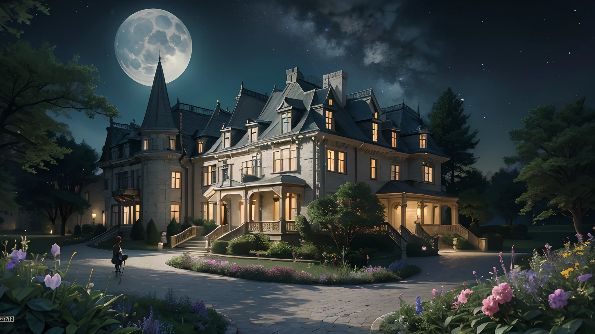 (Photo-realism), (Best quality, masterpiece, full of details), mansion with two towers, many trees, Colorful garden, flower pots, old mansion, white stone path, green grass, dark night, stars, moonlight, brown brick mansion, ultra HD