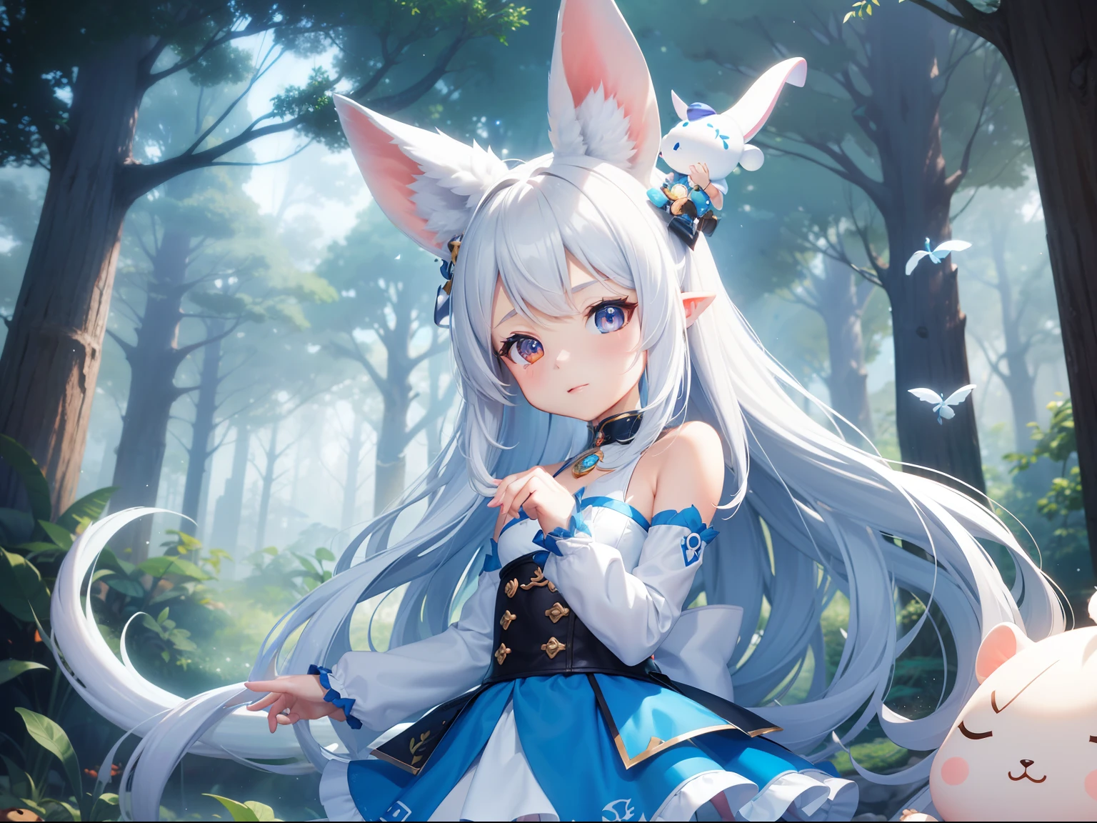 There are small white rabbits with carrots and long ears, White long ears、I'm with a girl with long blue hair and a chibi character。It is a cute costume in white and blue。Dark eyes。cute forest creature, Cute mushrooms also grow、Adorable Digital Painting, cute detailed digital art, the squirrel king, Cute digital art, cute cartoon characters, cute character, CuteCreatures, Cutie, official illustrations, Official art, squirrel, maplestory mouse, astri lohne, cute 3d render
