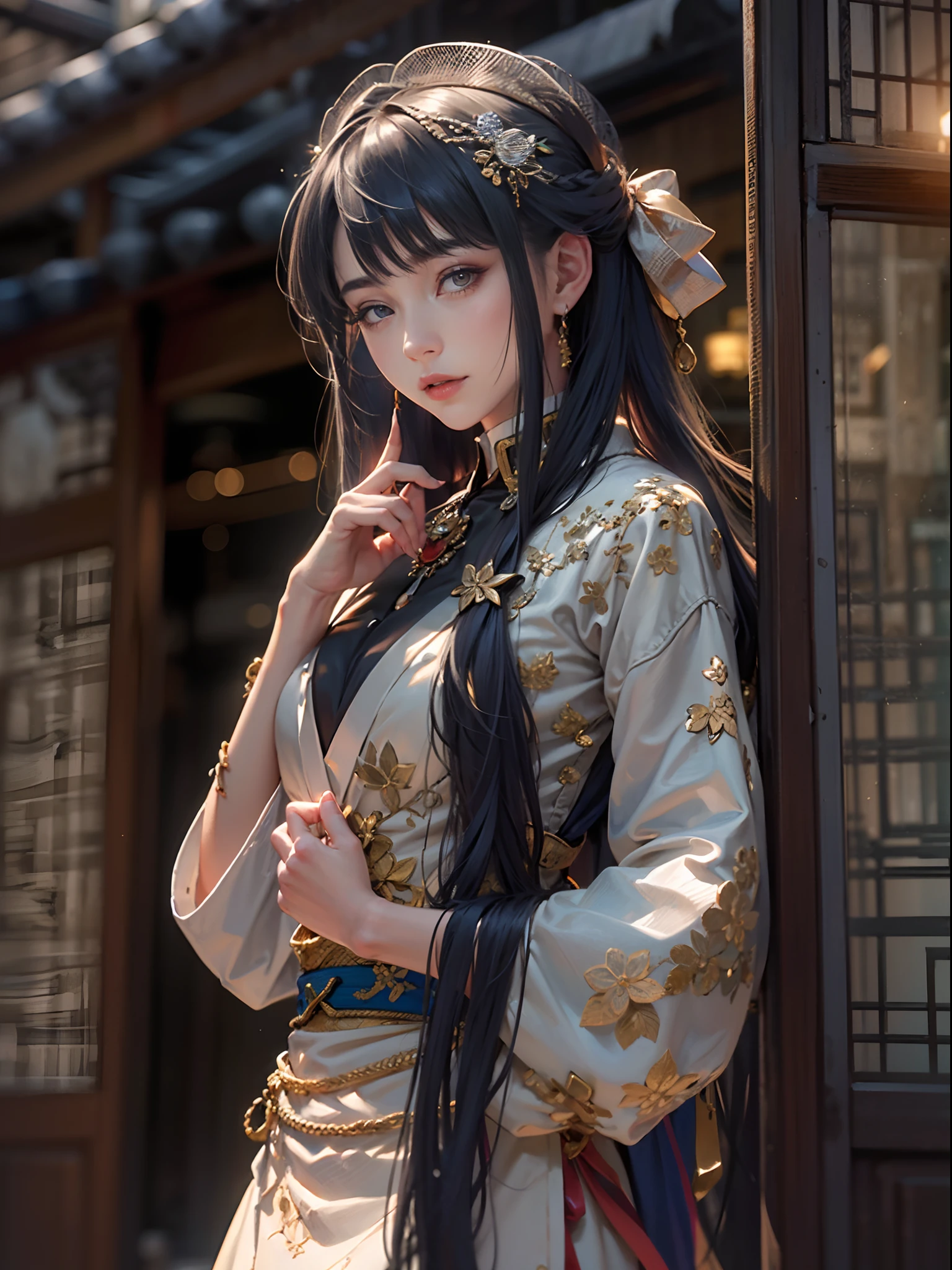 A close up of a woman in a dress standing near a building - SeaArt AI