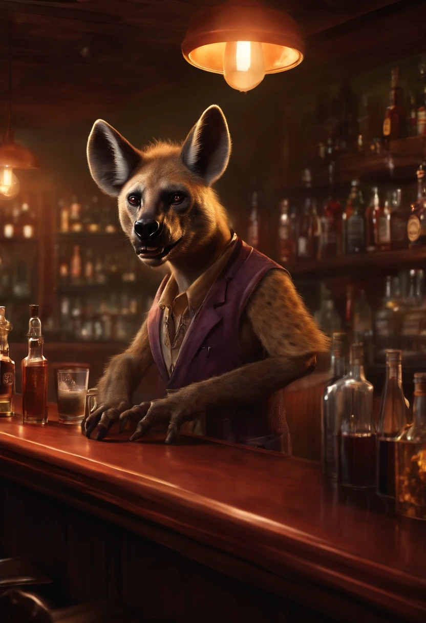 "Hyena humanoid bartender in his bar waiting for his customers" (realistic illustration)