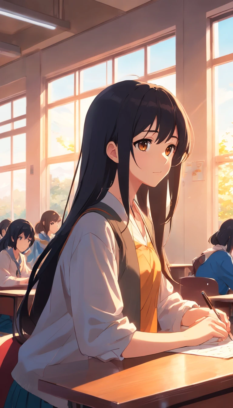 Long-haired girls,Sunlight under classroom windows,Pen in hand,Black hair with brown pupils,Anime style 4k,校服,Bust photo