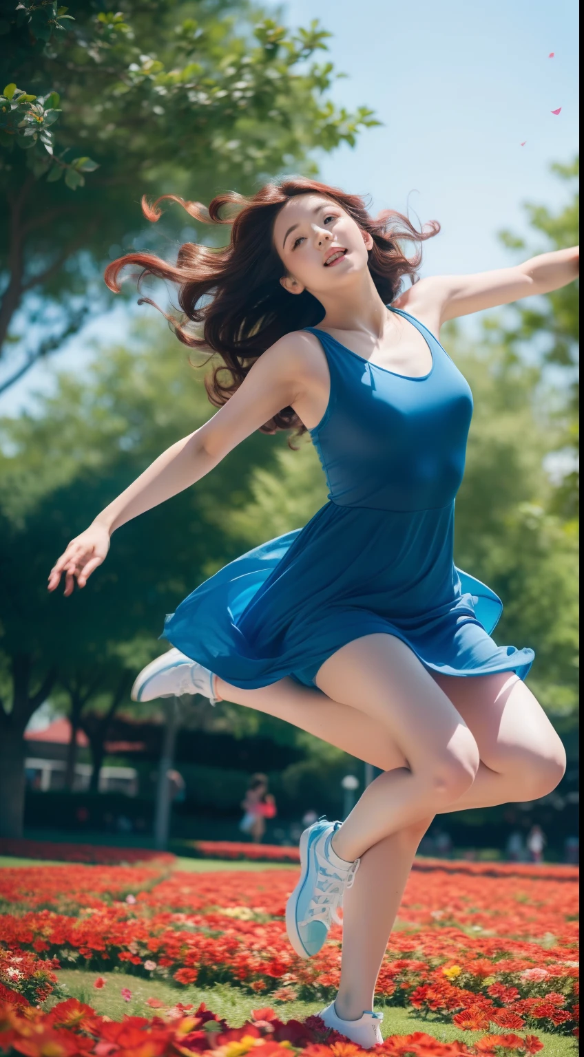 (Best quality,high resolution,Ultra-detailed:1.2), Beautiful blue to red gradient wavy curls fluttering in the breeze, Close-up of a woman jumping high, Vibrant flowers fill the background in a park-like setting, Cinematic style shooting.