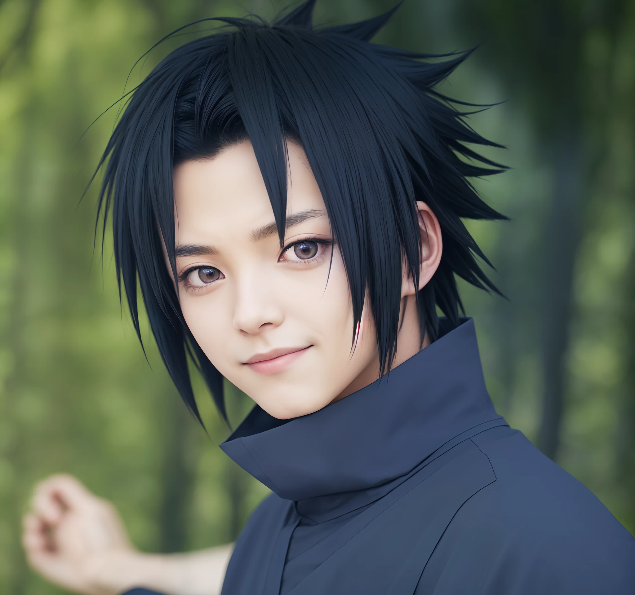 sasuke uchiha, solo,  ((man)), ((young man)), solo, 1boy, male_focus, black_hair, smile, tree, black_eyes, closed_mouth, nature, looking_at_viewer, short_sleeves, forest, shirt, spiked_hair, upper_body, outdoors, blue_shirt, bangs, cinematic, dramatic lighting photography, national geographic, photo, photography, Stoic, cinematic, 4k, epic, detailed photograph, shot on kodak detailed, cinematic, dark moody, volumetric fog