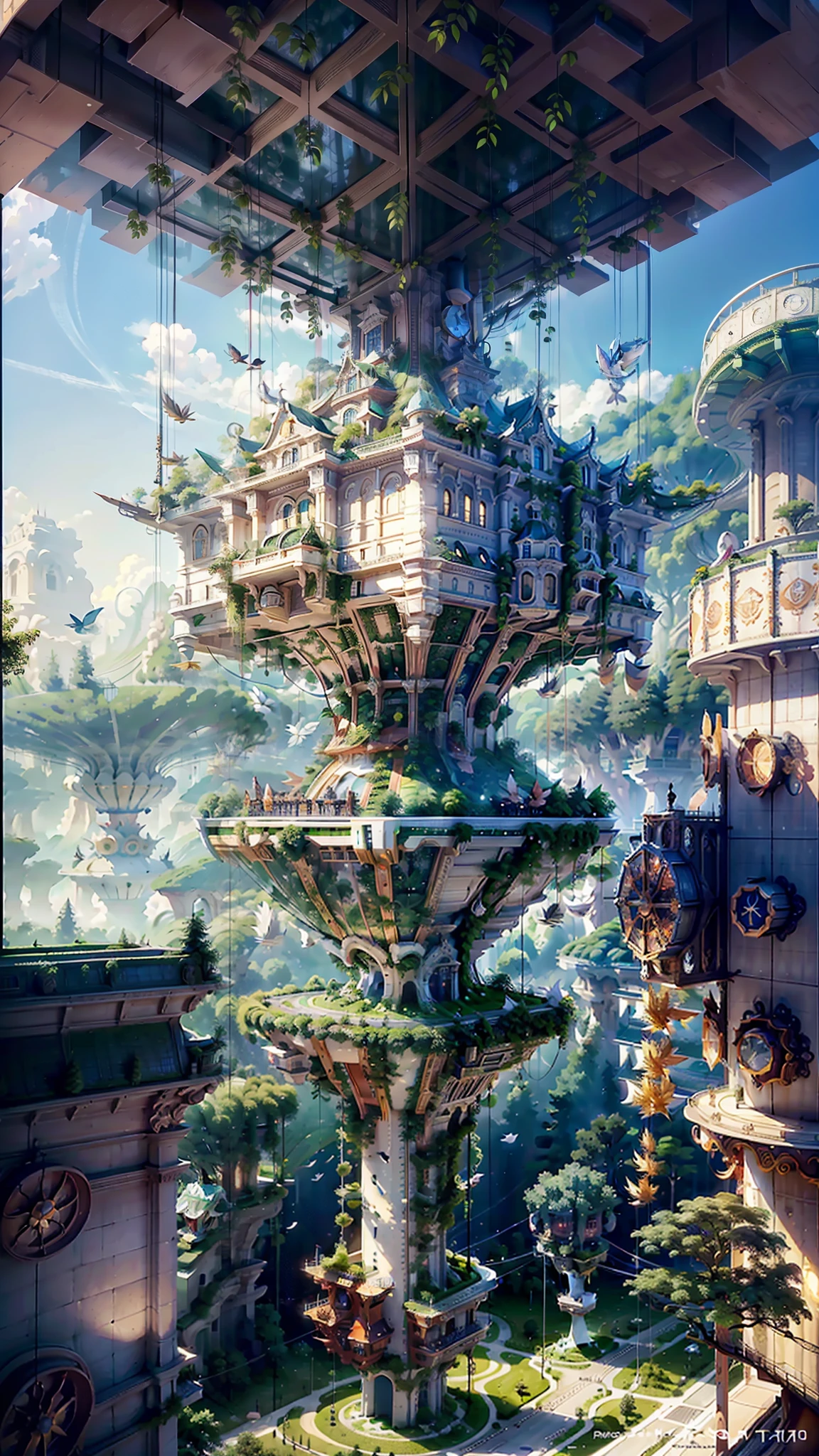 tmasterpiece，best qualtiy，highest  quality，ultra - detailed，Best resolution，8K，CG，illustration，realisticlying，aerial perspective，Suspended surreal technical building，Suspended cities，Below is a leafy forest，Various vehicles that can be suspended，Micro flying machine