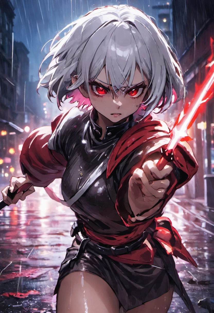 Closeup photograph, in a rain soaked street at night, photorealistic, cinematic lighting, Short hair, white hair,red eyes, girl, night, sword, succubus