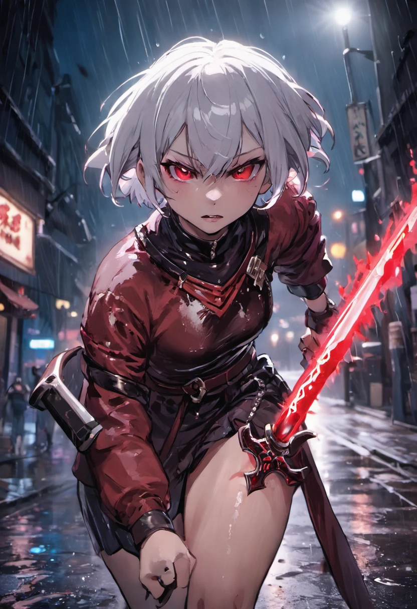 Closeup photograph, in a rain soaked street at night, photorealistic, cinematic lighting, Short hair, white hair,red eyes, girl, night, sword, succubus
