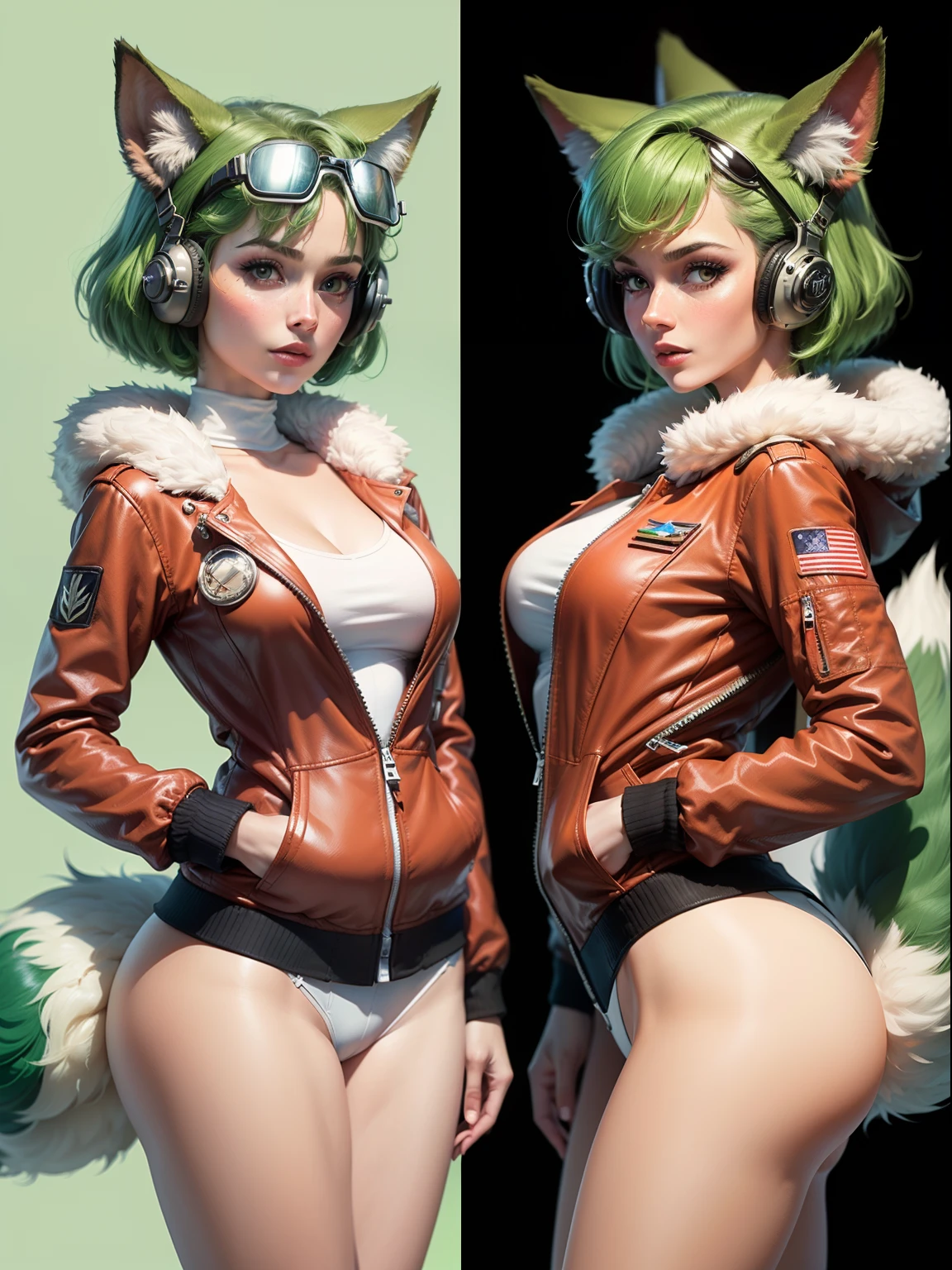 a funny retrowave ((coyote female)), (pure beauty), ((pretty detailed face)), ((she is the center of the image)), ((white world war 2 pilot jacket)), ((white pilot overall with zipper)), and (pilot goggles), ((thight clothes)), david clark headset (green), sexy, slim body, ((green hair)), neon ligthning, full body picture, full head picture, 80s atmosphere, (fur ears), fur tail, retro arcade game vibes, (looking at camera), 8k, ((high resolution)), very detailed, ultra hd, nose art pin up, ((over a background with an old airplane))