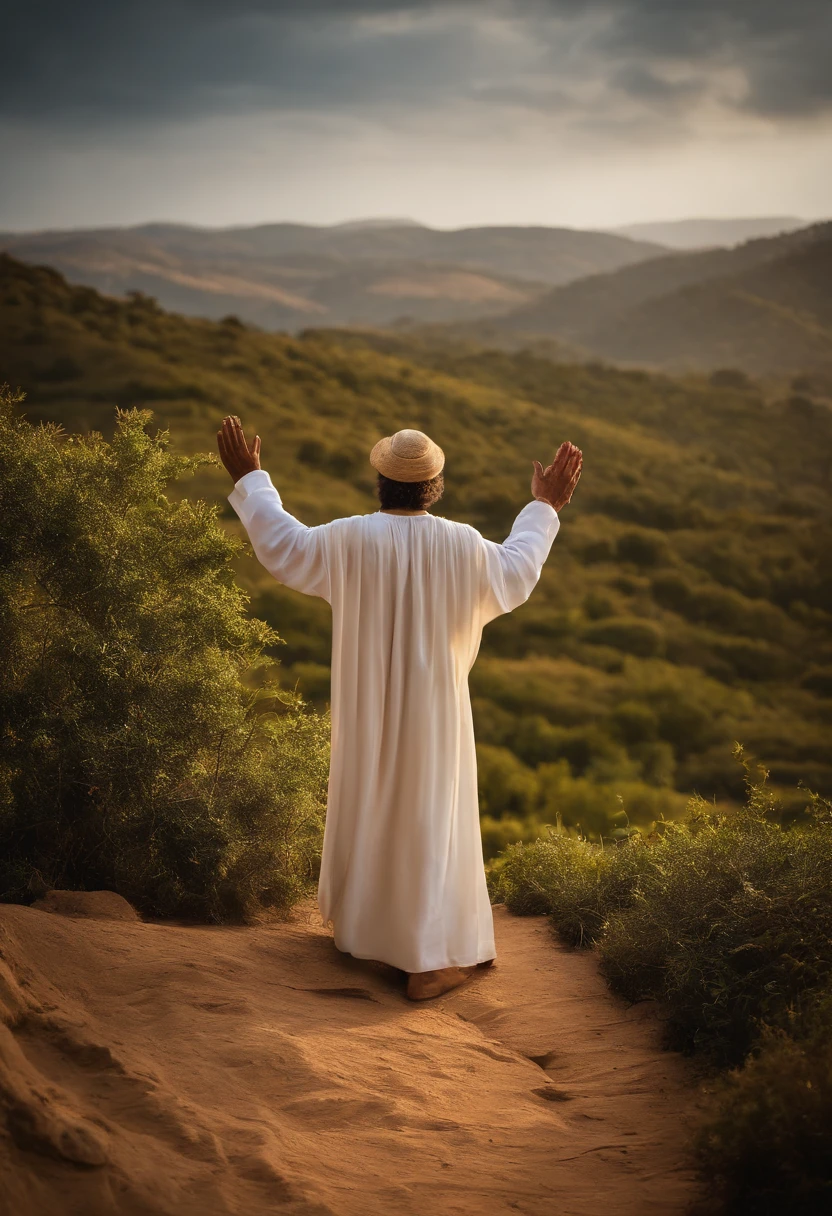 Davi, o Rei de Israel, is portrayed in a majestic and inspiring setting. He's standing in an open field, with a breathtaking view of a wide open space and a sky full of beautiful clouds. As nuvens se estendem como um manto celeste, creating an atmosphere of reverence and wonder. David is dressed in royal clothes, seus cabelos ruivos e, detalhada, But his posture is humble and reverent. He raises his hands in worship of Almighty God, with eyes on the sky. His face radiates an expression of deep devotion and gratitude. Ao seu redor, Nature responds to your worship. The gentle wind causes the leaves of the trees to sway in a celestial dance, e os raios de sol filtram-se pelas nuvens, iluminando Davi com uma luz divina. Birds fly gracefully in the skies, como se estivessem testemunhando esse momento sagrado. David is in a state of complete spiritual surrender, in direct communion with the Creator. His worship is an act of surrender and love for Almighty God that has led him through triumphs and challenges on his journey as king of Israel. This scene captures the essence of David's worship of the supreme God and reflects the deep spiritual connection he had with the divine. It is a representation of reverence and gratitude, where nature and man are in harmony in the presence of the Creator. detalhe, super real, detalhe