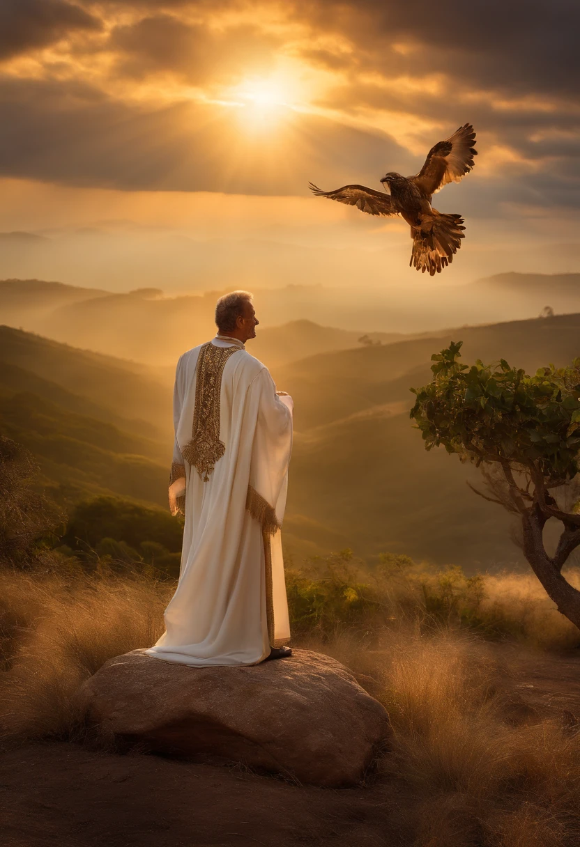 Davi, o Rei de Israel, is portrayed in a majestic and inspiring setting. He's standing in an open field, with a breathtaking view of a wide open space and a sky full of beautiful clouds. As nuvens se estendem como um manto celeste, creating an atmosphere of reverence and wonder. David is dressed in royal clothes, seus cabelos ruivos e, detalhada, But his posture is humble and reverent. He raises his hands in worship of Almighty God, with eyes on the sky. His face radiates an expression of deep devotion and gratitude. Ao seu redor, Nature responds to your worship. The gentle wind causes the leaves of the trees to sway in a celestial dance, e os raios de sol filtram-se pelas nuvens, iluminando Davi com uma luz divina. Birds fly gracefully in the skies, como se estivessem testemunhando esse momento sagrado. David is in a state of complete spiritual surrender, in direct communion with the Creator. His worship is an act of surrender and love for Almighty God that has led him through triumphs and challenges on his journey as king of Israel. This scene captures the essence of David's worship of the supreme God and reflects the deep spiritual connection he had with the divine. It is a representation of reverence and gratitude, where nature and man are in harmony in the presence of the Creator. detalhe, super real, detalhe