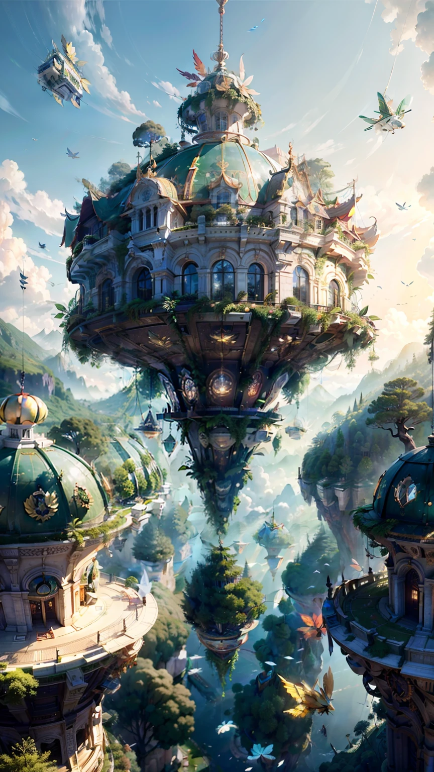 tmasterpiece，best qualtiy，highest  quality，ultra - detailed，Best resolution，8K，CG，illustration，realisticlying，aerial perspective，Suspended surreal technical building，Below is a leafy forest，Various vehicles that can be suspended，Micro flying machine