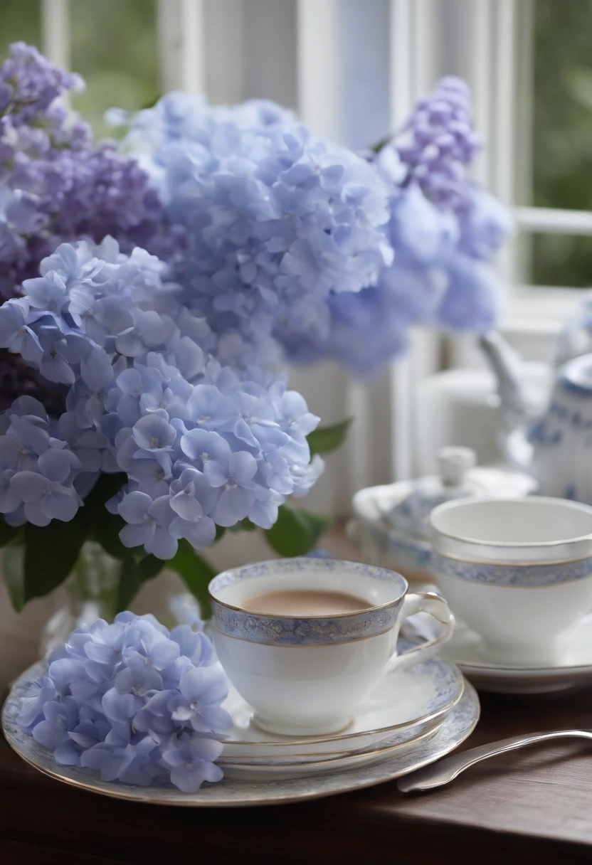 Imagem real com livros abertos, cups of coffee on a table with blue flowers, tons de azul e branco, Lilac - Petals, azul, lilac and white, white and pale blue hue, acentos de flores azuis, livros e flores, branco e azul, blue themed, detalhes suaves azuis, dreamy aesthetics, beautiful aesthetics,  sabia e aesthetic esquema de cores azul, lilac and white, tons de azul claro e branco, humor azul