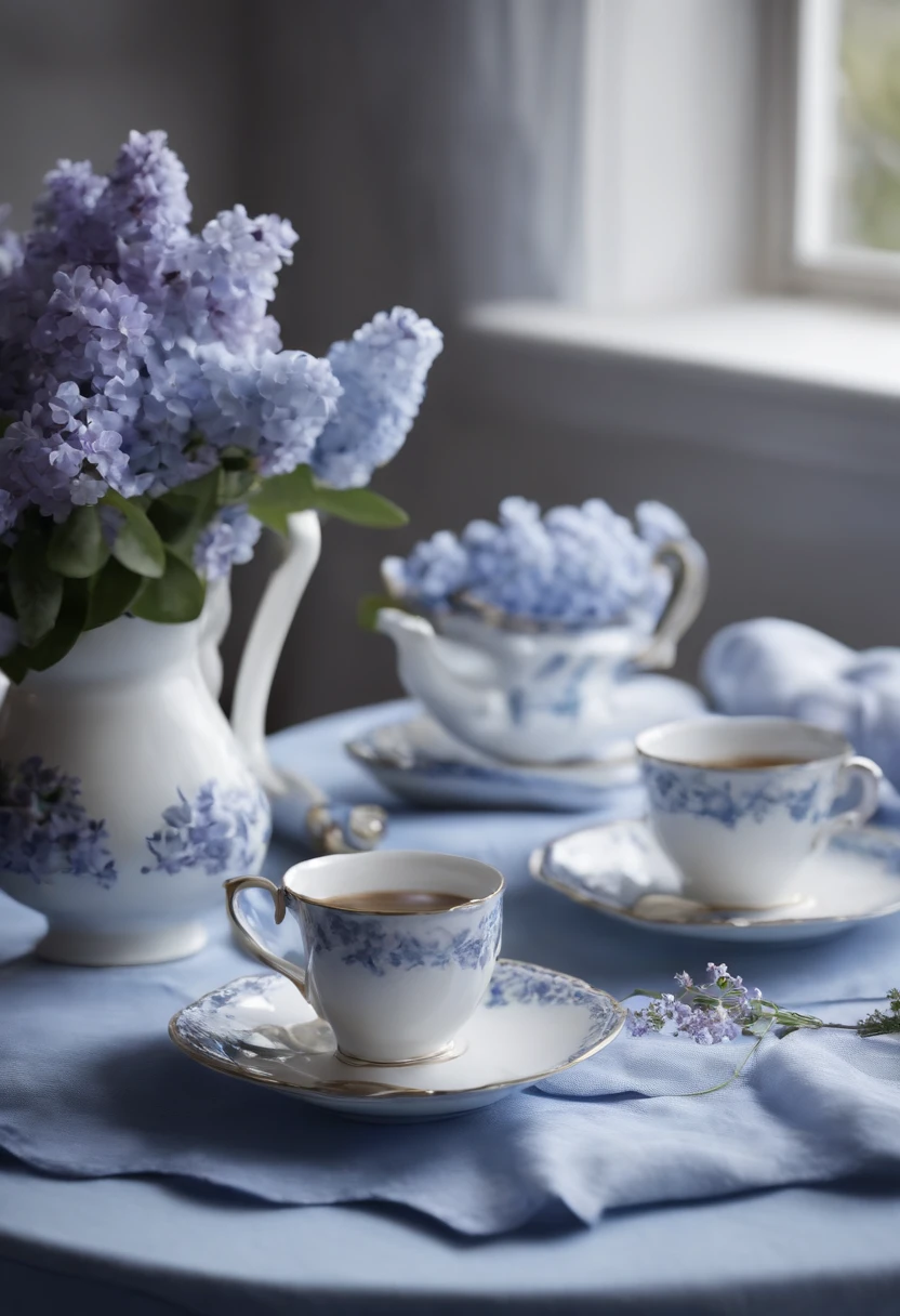 Imagem real com livros abertos, cups of coffee on a table with blue flowers, tons de azul e branco, Lilac - Petals, azul, lilac and white, white and pale blue hue, acentos de flores azuis, livros e flores, branco e azul, blue themed, detalhes suaves azuis, dreamy aesthetics, beautiful aesthetics, sabia e aesthetic esquema de cores azul, lilac and white, tons de azul claro e branco, humor azul