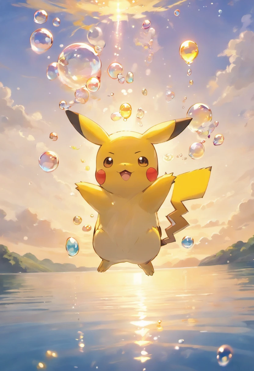 A touching scene in ultra-high definition 3D showcasing Pikachu making a wish beside a tranquil lake. Pikachu, beautifully rendered in detail, is seen gently blowing bubbles into the air, each one carrying a hopeful wish. The bubbles catch the reflection of the setting sun, creating a dreamy, magical effect. The overall atmosphere is tender, filled with hope and serenity, girl
