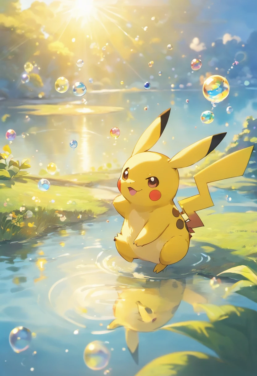 A touching scene in ultra-high definition 3D showcasing Pikachu making a wish beside a tranquil lake. Pikachu, beautifully rendered in detail, is seen gently blowing bubbles into the air, each one carrying a hopeful wish. The bubbles catch the reflection of the setting sun, creating a dreamy, magical effect. The overall atmosphere is tender, filled with hope and serenity, girl