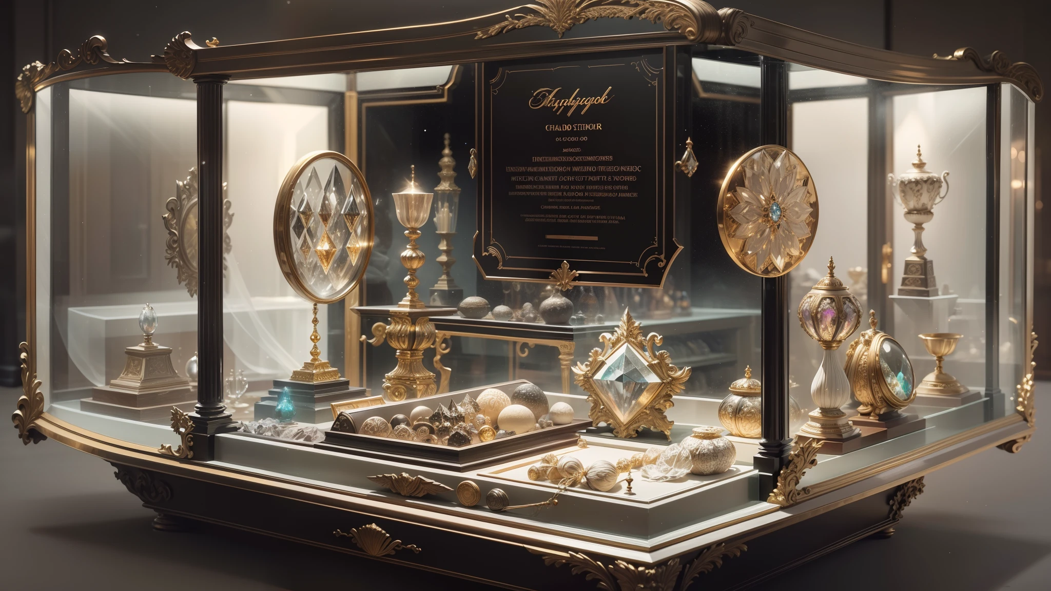 Black and white color scheme,(Full Focus),Antiques in display cases,Jewelry in a display case,Crystal gemstones in display case,Gold and silver products,magic item,Magic light particle effect,High-tech luxury, High-value jewelry,,High-value metals,luxury goods,Puzzles are prohibited, Detailed and complex background, glittery, reflective light, hyper HD, Award-Awarded, A high resolution, High detail, Chiaroscuro, Cinematic lighting, Masterpiece, Ray traching,structurally correct, Super detail, High quality, High details, Best quality, 16k