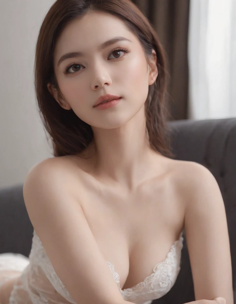 Beautiful woman,Perfect anatomical body、韓国アイドル,Very short mini skirt,brunette color hair、Pure face,White panties、Fluffy hair, very long hair、M-shaped legs、Sit on the sofa、Black eyes、8K、hentail realism、ultra-definition、ultra - detailed、
