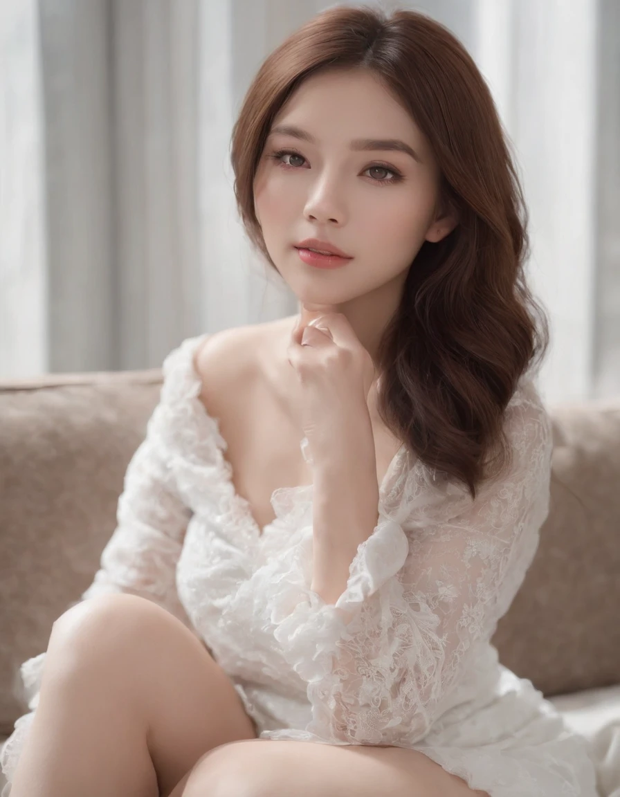 Beautiful woman,Perfect anatomical body、韓国アイドル,Very short mini skirt,brunette color hair、Pure face,White panties、Fluffy hair, very long hair、M-shaped legs、Sit on the sofa、Black eyes、8K、hentail realism、ultra-definition、ultra - detailed、