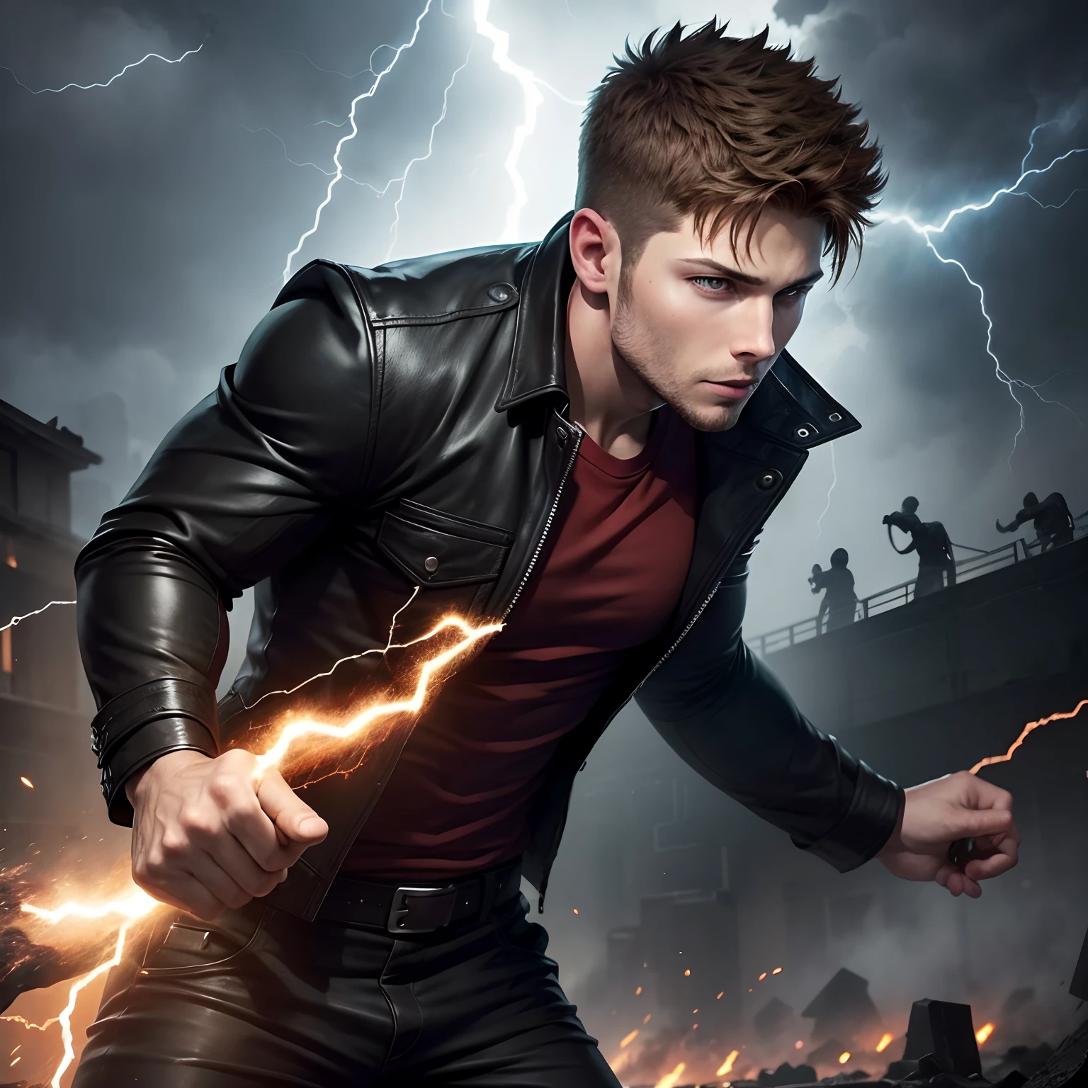 Jensen Ackles-looking man, cabelo preto, in fighting position, tempestade vermelha em volta, Releasing lightning by the hands, several red thunders around.