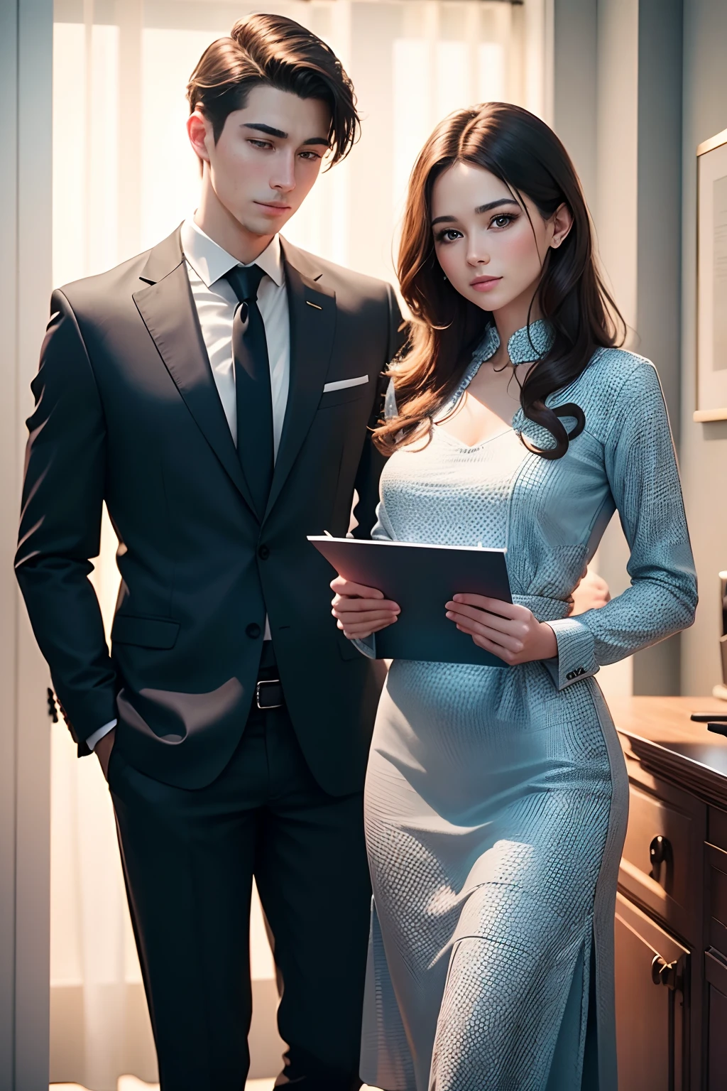 The man is dressed in an expensive navy blue suit, stylish, takes his penis out of the fly and shows it to a cute girl the delight in her eyes