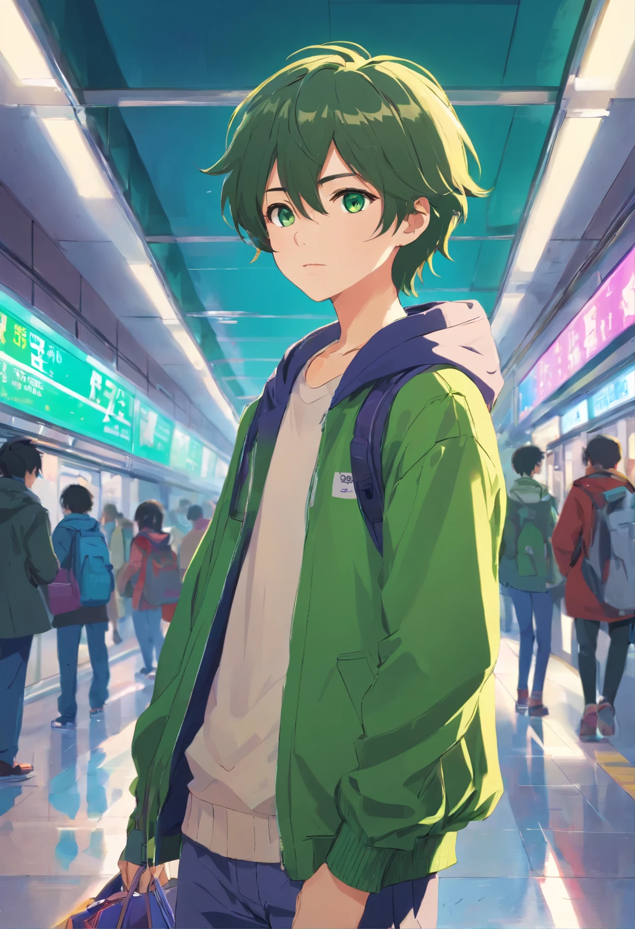 , adolescene,cabelo de verde,olhos roxo,pale skin, wearing a jacket, waiting at the metro station, arte absolutamente impressionante, extremamente detalhado, arte digital da mais alta qualidade,