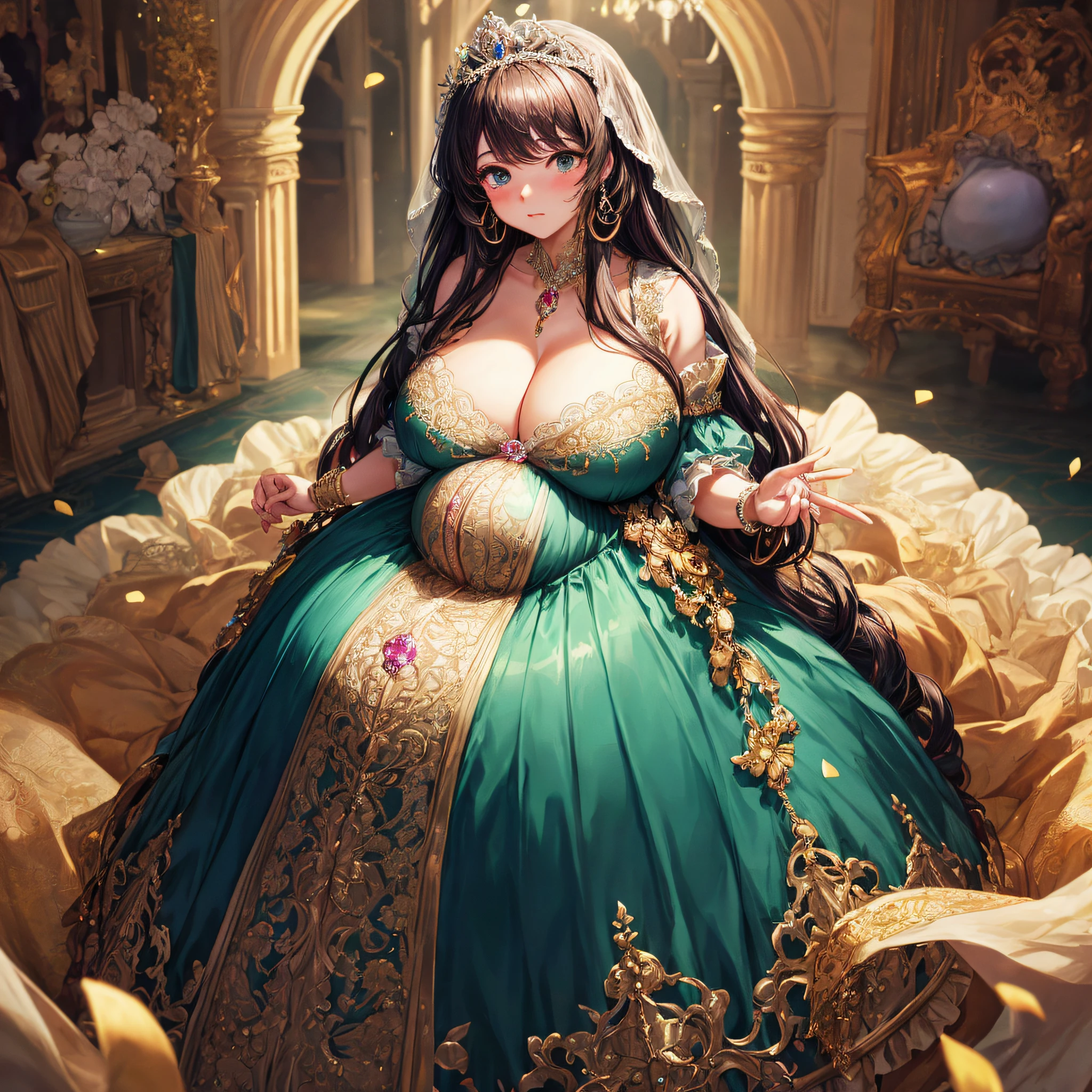 (masterpiece, best quality,extremely detailed:1.1),(moe anime art style:1.2),1girl,((full body,focus face)),((solo)), cute, kawaii,digital art,((1 bling-bling pregnant princess wearing beautiful embroidery and jeweled gorgeous rococo ballgown with jeweled voluminous full length hoop skirt)),(((heavily pregnant))),very big pregnant belly,((crinoline)),long train,voluminous frills,See-through,(gorgeous embroidery and beautiful lace),((very gigantic boobs,skindentation)),cleavage,shiny hair,(((very long hair,very long straight hair))),((embarrassed)),anguish,((finely detailed face and eyes)),clear pupil,extremely gorgeousfull hair ornament,(bling-bling jeweled extremely gorgeousfull tiara),(bling-bling gorgeous gemstone jewelry),long veil,(beautiful background),fantasy background,flowers,flower petals flowing,full body,((beautiful embroidery and jeweled ruffled gorgeous rococo ballgown with voluminous full length hoop skirt))