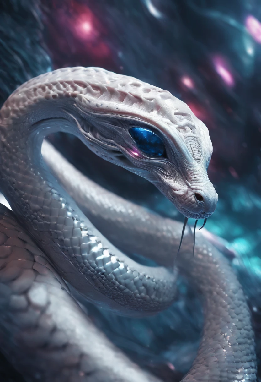 "A very beautiful 3D rendered white snake,Express dynamics, Vivid effects and details,Best image quality,A high resolution,plethora of colors,Stunning light and shadow effects"
