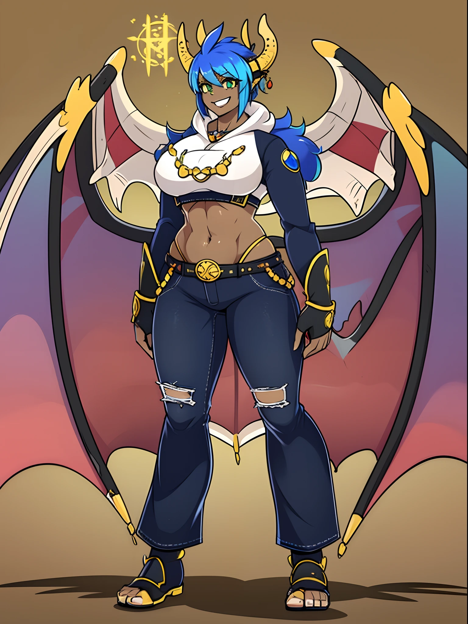 sapphirus, darkskinned-female, dragon wing, smile, pants, full body, standing, pullover