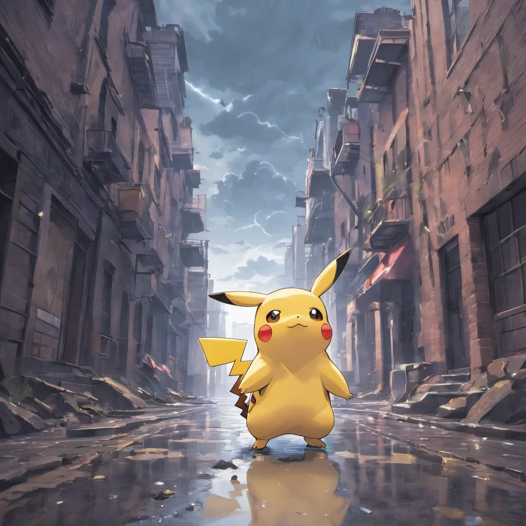 dead pikachu,"dark and gloomy","abandoned city",broken glass shards,decaying buildings,"ominous clouds","rusty metal",empty streets,fading graffiti,puddles of rainwater,"eerie silence",(best quality,4k,highres:1.2),ultra-detailed,post-apocalyptic,monochromatic color palette=subdued tones,harsh lighting