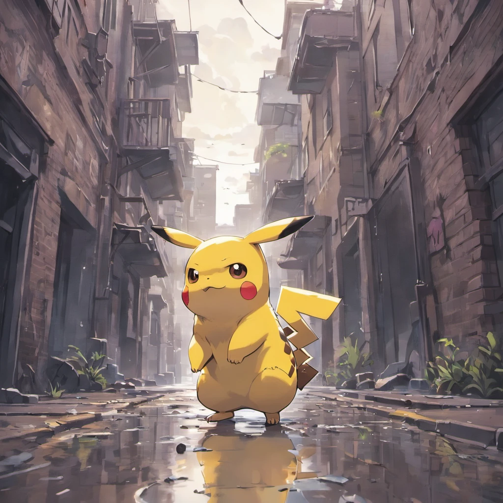 dead pikachu,"dark and gloomy","abandoned city",broken glass shards,decaying buildings,"ominous clouds","rusty metal",empty streets,fading graffiti,puddles of rainwater,"eerie silence",(best quality,4k,highres:1.2),ultra-detailed,post-apocalyptic,monochromatic color palette=subdued tones,harsh lighting
