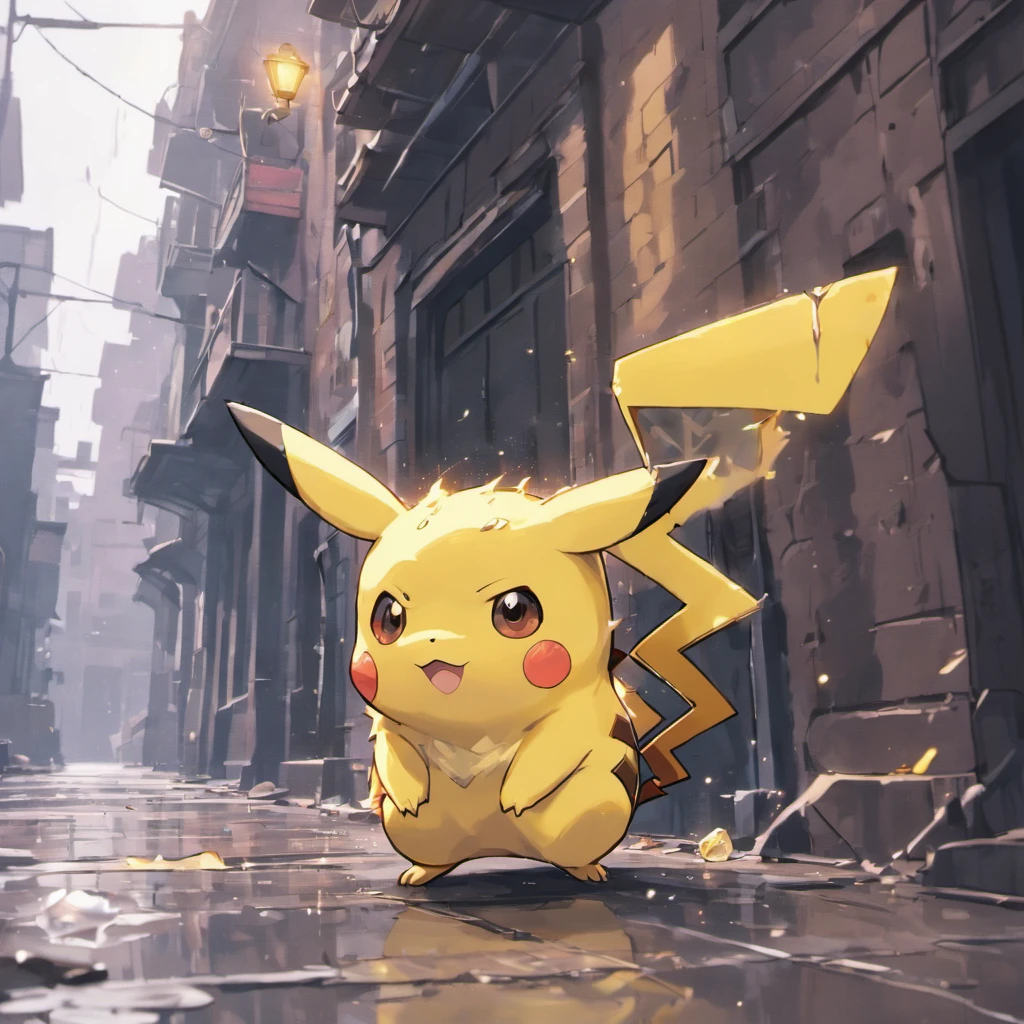 dead pikachu,"dark and gloomy","abandoned city",broken glass shards,decaying buildings,"ominous clouds","rusty metal",empty streets,fading graffiti,puddles of rainwater,"eerie silence",(best quality,4k,highres:1.2),ultra-detailed,post-apocalyptic,monochromatic color palette=subdued tones,harsh lighting