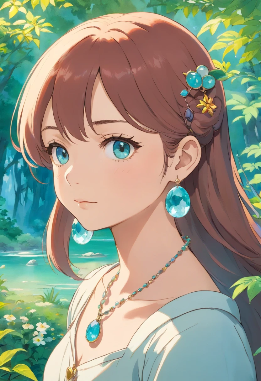 Girl in an anime collar, Long necklaces and earrings, In the style of a tranquil garden landscape, colorful animation stills, Masami Teraoka, aquamarine, paul gauguin, Embry style, Honest portrayal、Horse's