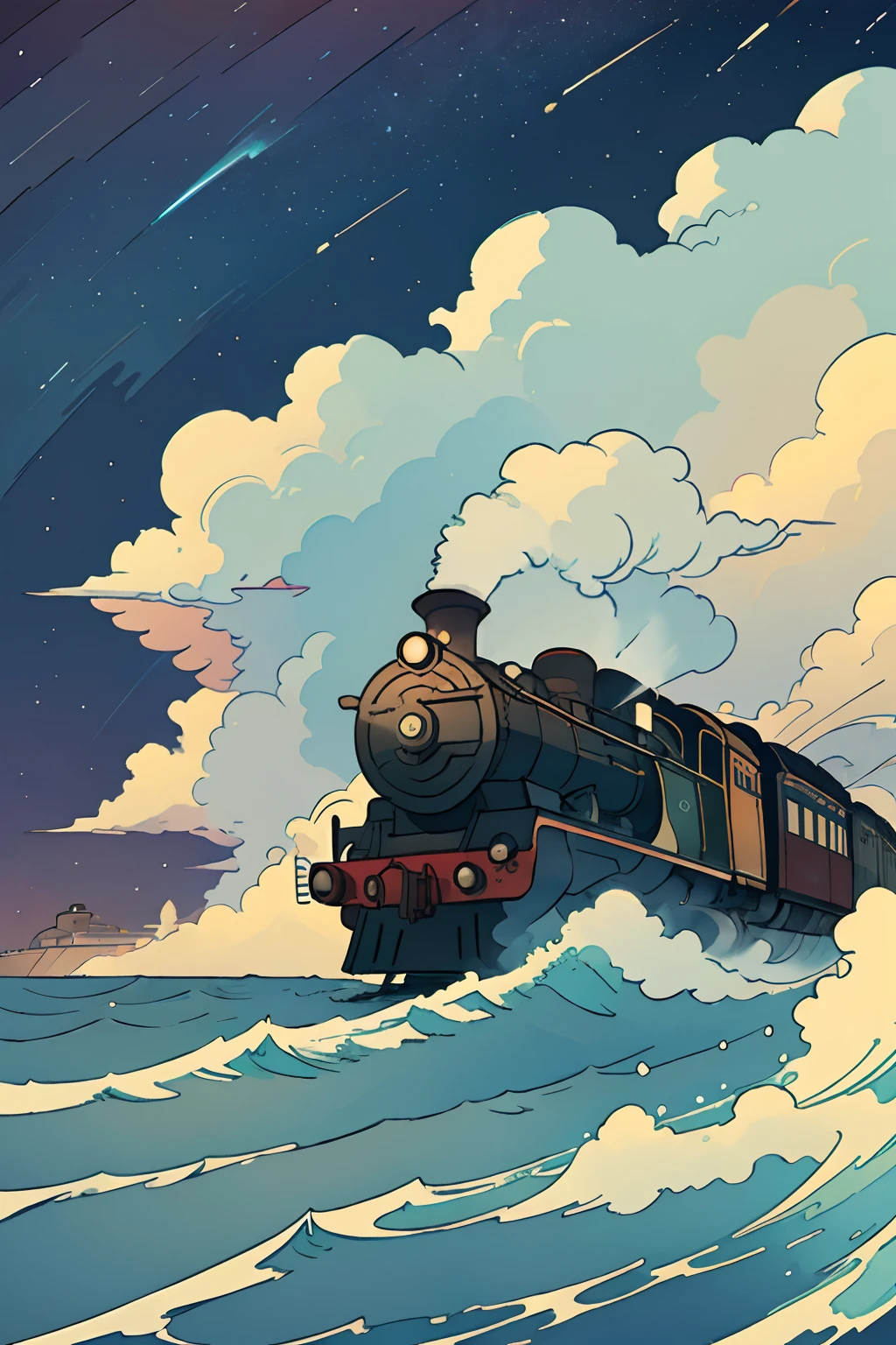 beautiful and asethetic, masterpiece, movie poster, best quality, drawing of a side view of a steam train travelling over water with a celestial sky in the background at night, muted colors, by james jean style, fantastical elements