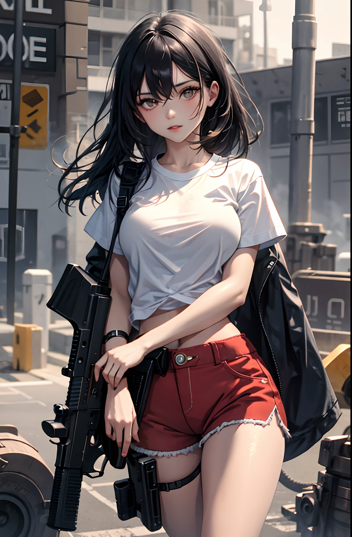 Girl with black hair, red shorts, white t-shirt, holding two guns, guns have light smoke coming out the barrel