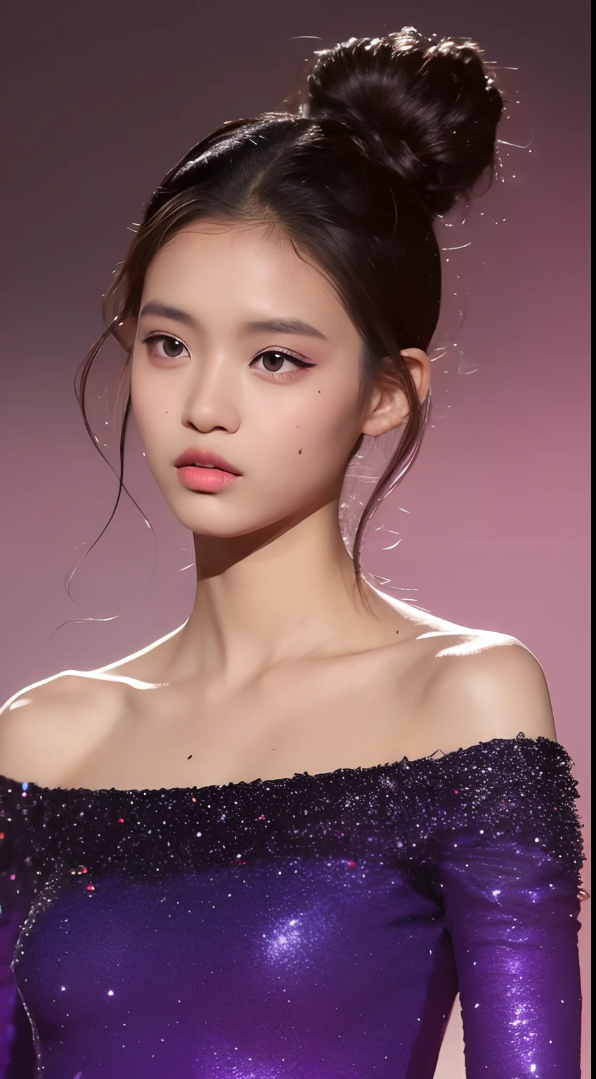 one African model ,Unique hair details, Y2K tube-top fashion, Near future, Curvilinear details , detailed eyes, double eyelid, plump lips, bun hair, professional makeup, hyper res, galaxy background