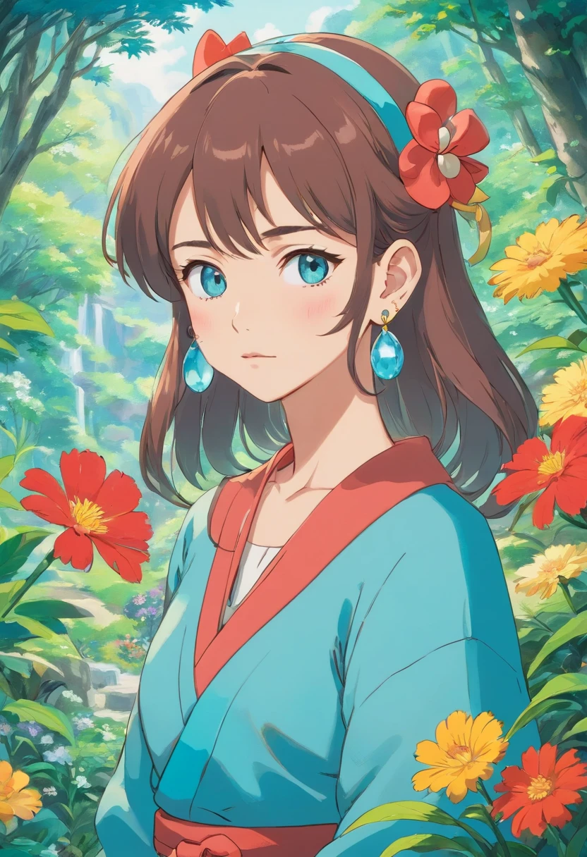 Anime Collar Girl, Long necklaces and earrings, In the style of a tranquil garden landscape, colorful animation stills, Masami Teraoka, aquamarine, paul gauguin, Embry style, Honest portrayal、horse ear、Ear headband
