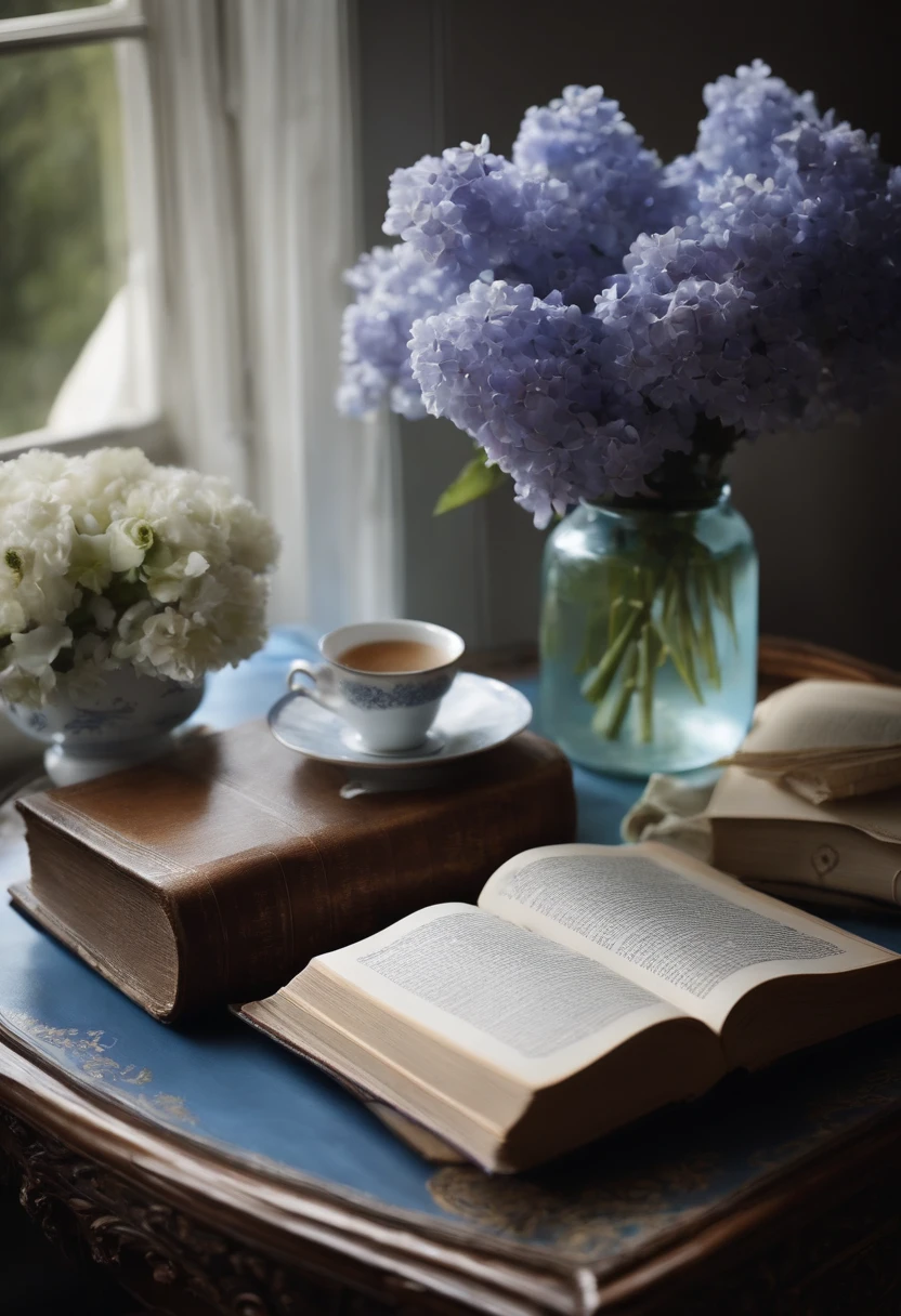 imagens real de livros abertos sobre mesa com flores azuis, lilac, tons de azul e branco, blue - petals, azul e branco, white and pale blue hue, acentos de flores azuis, livros e flores, branco e azul, blue themed, detalhes suaves azuis, dreamy aesthetics, beautiful aesthetics, esquema de cores azul e branco, tons de azul claro e branco, humor azul, Enter the color Lilac and Open Books in Reading Point, passando a mensagem de conhecimento e descoberta.