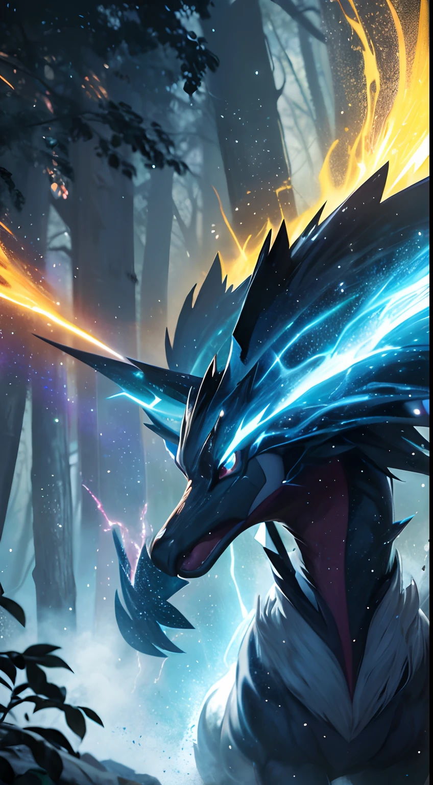 A Pokemon in the wild, vibrant colors, sharp focus, bokeh, ultra-detailed, realistic, portraits, nature scenery, sunlight filtering through the trees, deep forest, magical atmosphere, rare species, dynamic pose, intense battle, powerful energy, intricate patterns on its body, vivid and eye-catching, stunning visual effects, legendary mythical creature, mystical aura, awe-inspiring, legendary encounter, epic background, the Pokemon unleashing its signature move, electrifying sparks, dynamic lighting effects, capturing the essence of its power, breathtaking scenery, immersive experience, capturing the beauty and majesty of the wild Pokemon, masterful artwork, high-res, professional rendering, attention to detail.