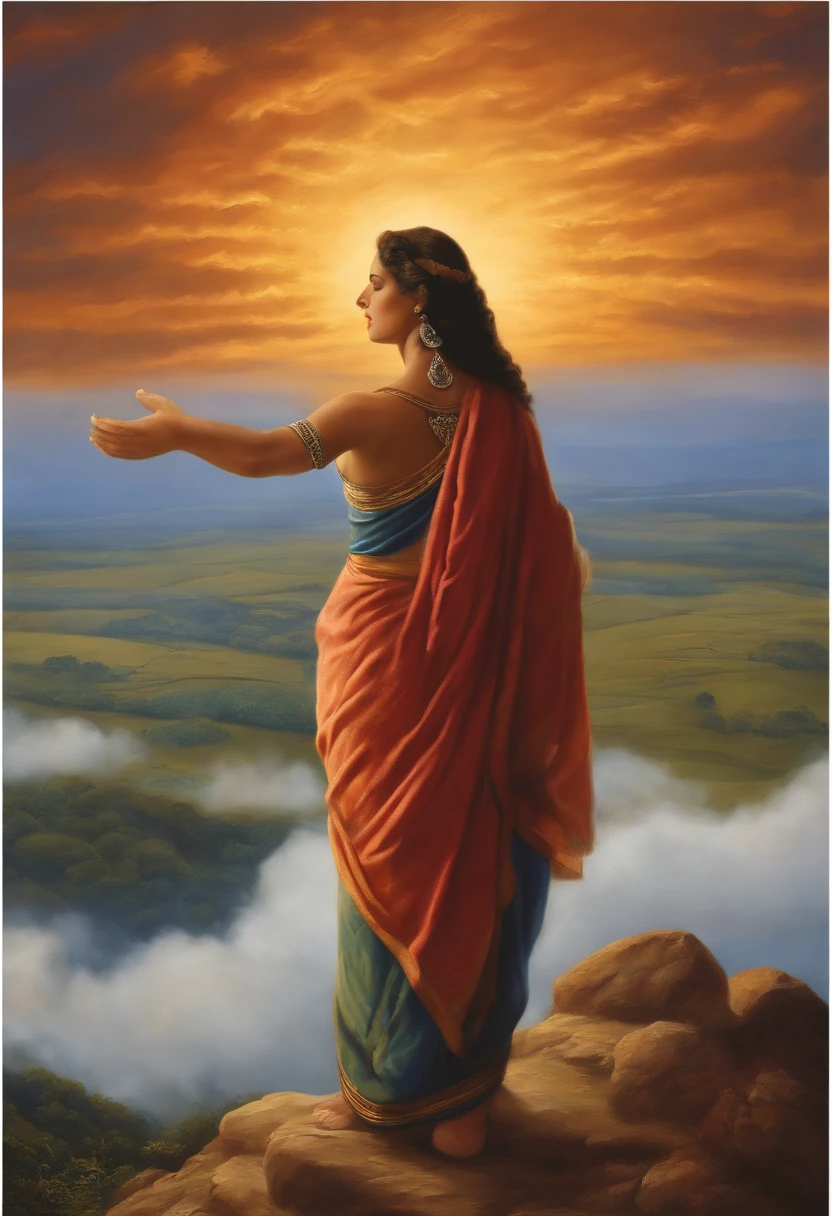 Davi, rei de Israel, ruivo, detalhado, super real, campo aberto, nuvens como manto celeste, atmosfera de referencia, detalhado, hands raised in worship of God all powers, expression of devotion and gratitude, ultra realista,