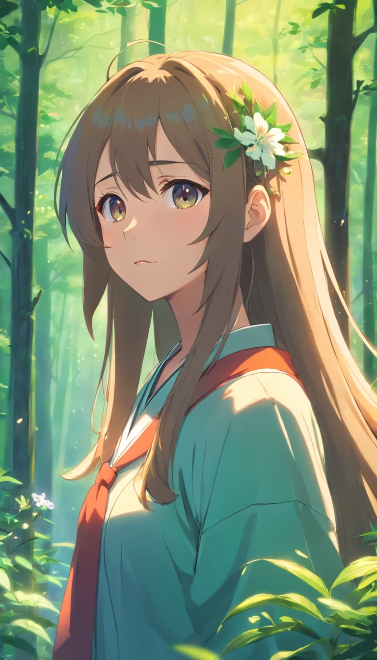 anime girl with long hair and flower in her hair, Beautiful anime artwork, style of anime4 K, Anime art wallpaper 4k,Rainy days，janelas，the woods，Bust photo