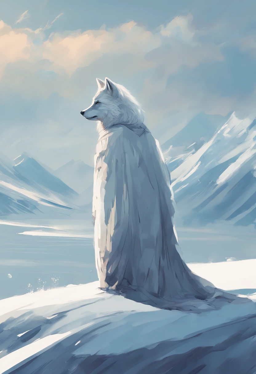 Eine realistische Grafik (Digitale Kunst) von meiner Romanfigur. He is the king of the ice islands. Ein sehr gutaussehender Mann. Er hat hellblonde, short hair and wears a blue robe, also fur to keep warm. Er sieht eher ernst aus. Neben ihm, an arctic fox runs.