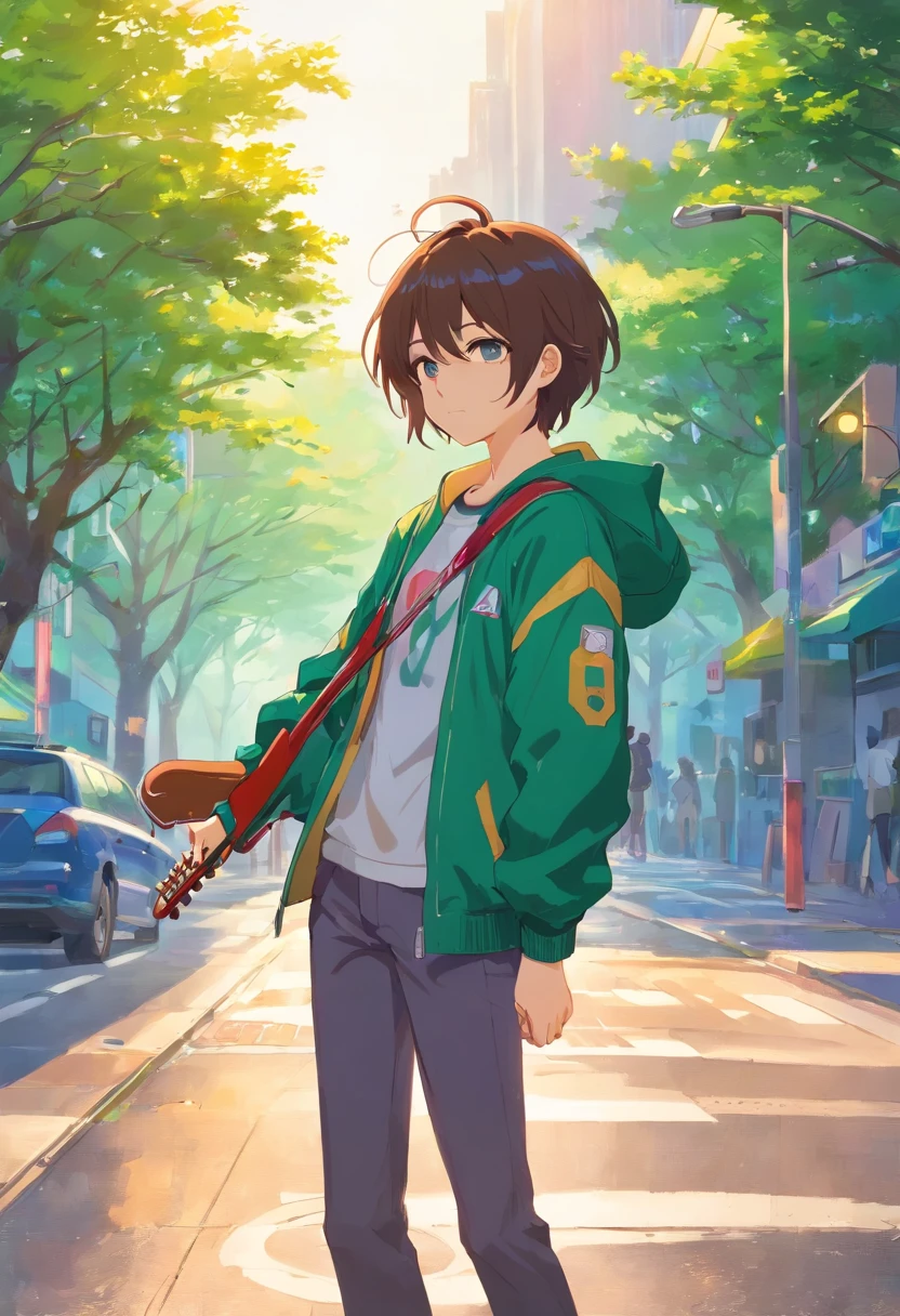 1st grade, anime,cabelo de verde,olhos roxo,pale skin, wearing a jacket, esperando no parque, arte absolutamente impressionante, extremamente detalhado, arte digital da mais alta qualidade,Boy with guitar.adoleacente.