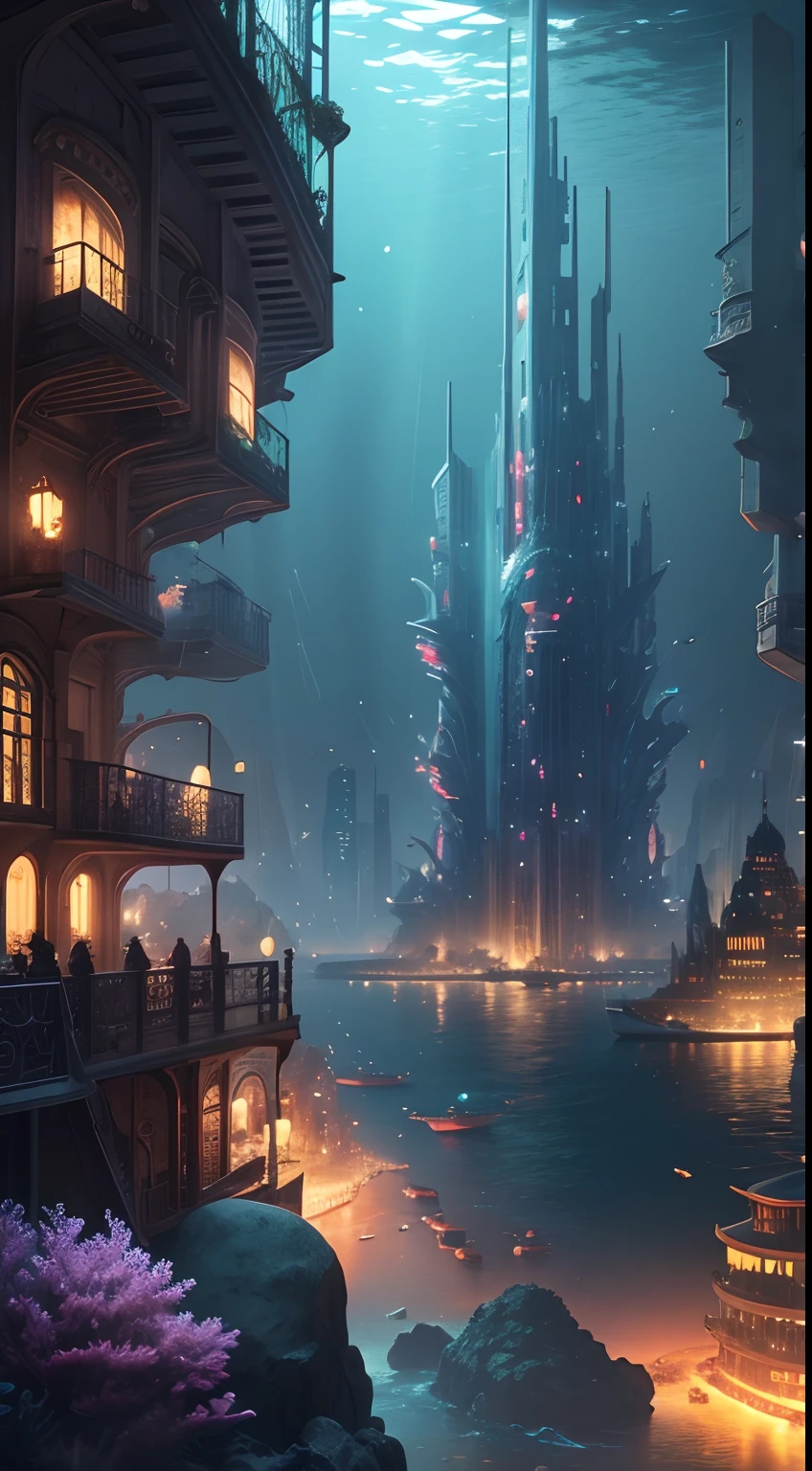 HDR ultra resolution 4k, 8k, ciudad submarina, Great underwater metropolis, Fantasy city living together in the sea, volumetric illumination
