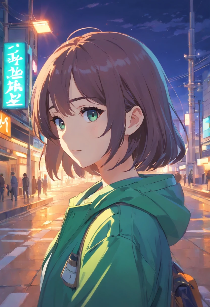 1st grade, anime,cabelo de verde,olhos roxo,pale skin, wearing a jacket, esperando no parque, arte absolutamente impressionante, extremamente detalhado, arte digital da mais alta qualidade,