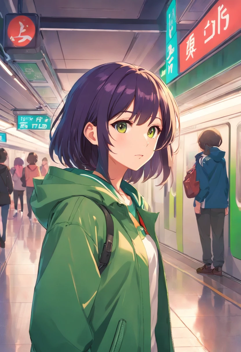 , anime,cabelo de verde,olhos roxo,pale skin, wearing a jacket, waiting at the metro station, arte absolutamente impressionante, extremamente detalhado, arte digital da mais alta qualidade,estilo baseado em boku no hero.