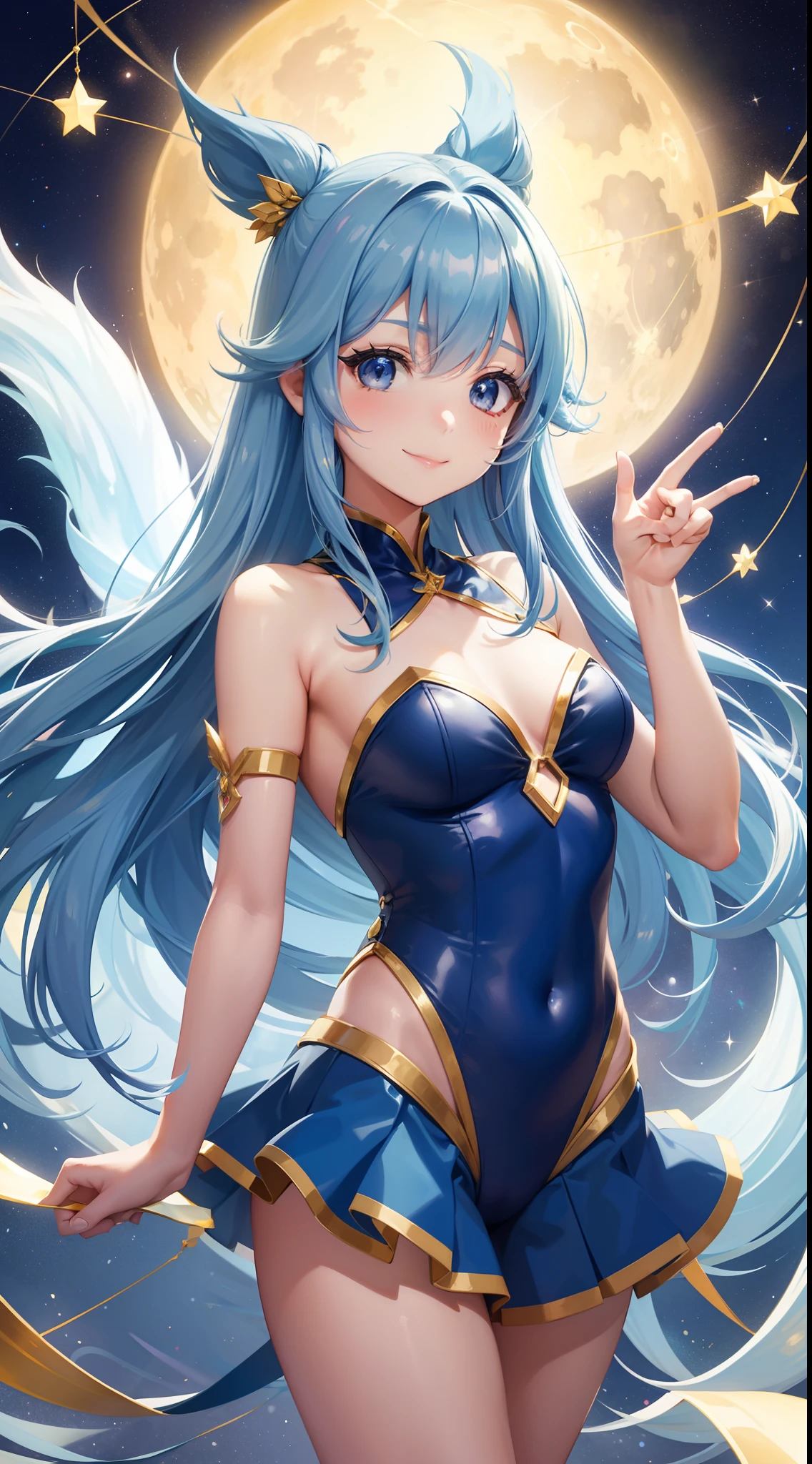 Pretty girl、A charming smile、Blue Long Hair、Twin-tailed、Engaging pose、Yellow and white leotard costume、Crystal jade、constellation、a moon、Fantastic background、