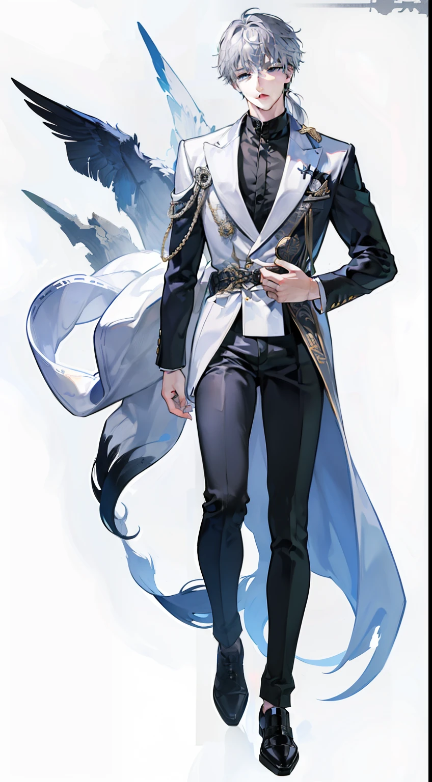 top-quality、masterpiece、Silver-haired wolf-cut man、30-years old、Angle from the front、White background、black suits、full body